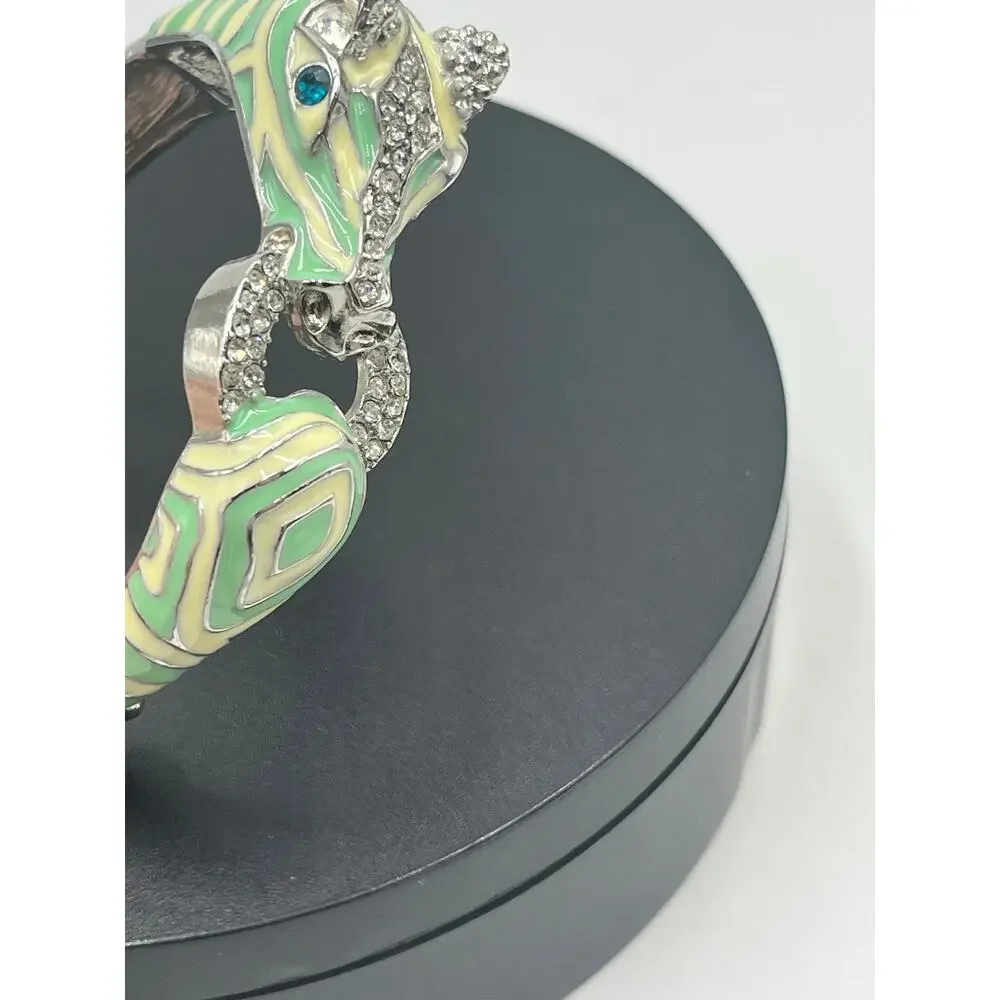 Mint and Cream Zebra with‎ Stripes Hinged Rhinestone Blue Eyes Bangle Bracelet